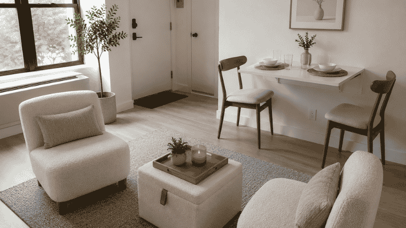 Studio apartment living zone with two 28-inch accent chairs, a square storage ottoman with tray used as a coffee table, and a wall-mounted fold-down dining table showing multifunctional furniture choices
