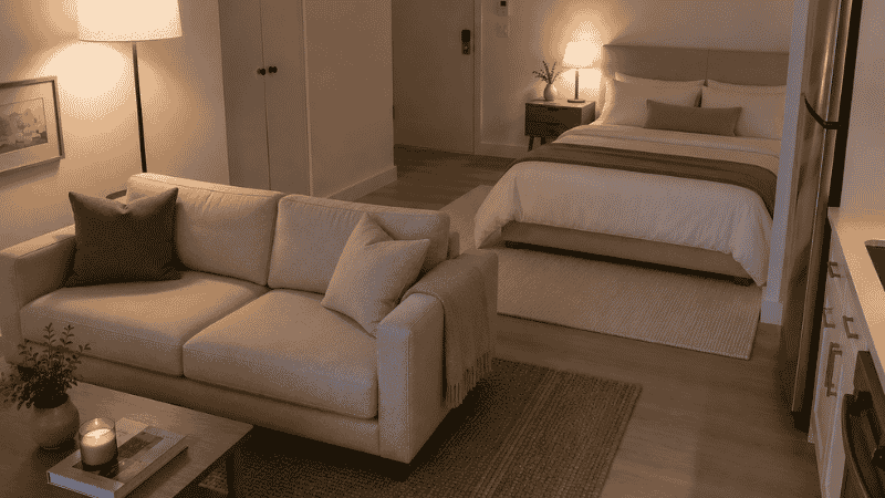 Studio apartment showing two area rugs with a visible 12-inch gap between them as zone boundaries, with separate floor lamp and bedside lamp lighting each zone independently
