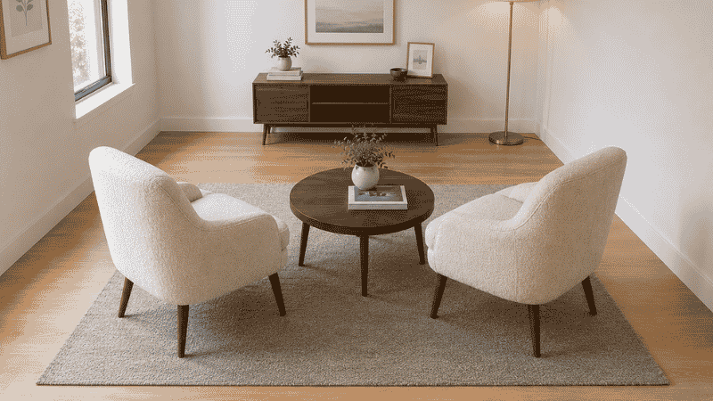 Small living room under 130 sq ft with two 28-inch bouclé accent chairs angled 15 degrees toward each other replacing a sofa, showing more open floor space and a conversational layout
