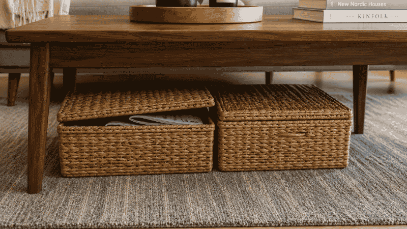 Two matching woven baskets stored under a coffee table with 6-inch leg clearance in a small living room, holding magazines and remotes, turning dead floor space into concealed storage
