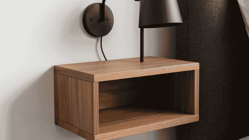 A close-up of a wall-mounted wooden bedside shelf and modern sconce, showing a space-saving alternative to traditional bulky nightstands in a compact room.