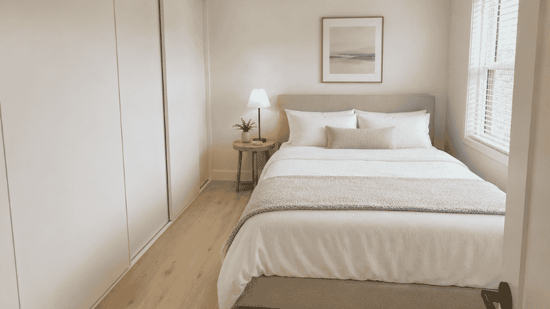 Small bedroom with a full floor-to-ceiling wardrobe with sliding doors covering one entire wall, bed on the opposite wall with 37 inches of clearance between them