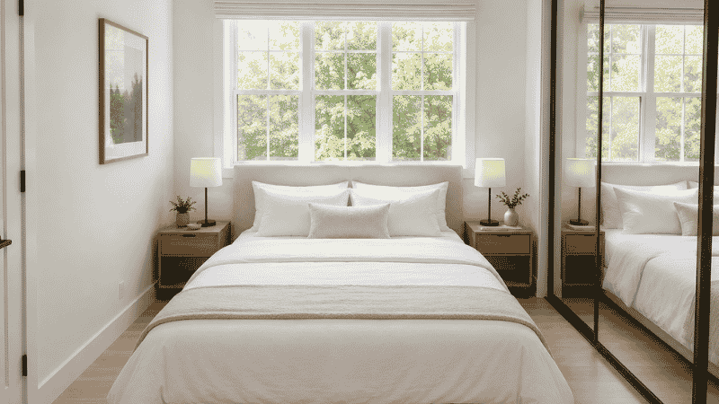 Small bedroom with the bed placed under a window using a low-profile headboard that clears the window sill, roller shade instead of curtains, full storage wall opposite