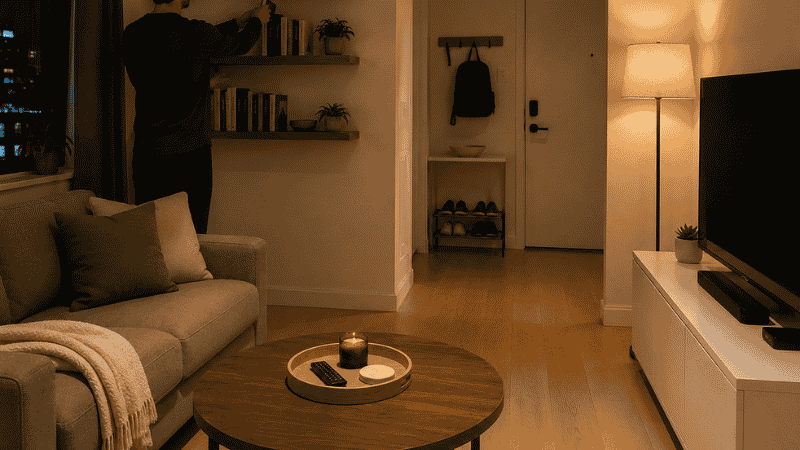 A small apartment in the evening showing a person placing the last item back in its place during a 5-minute reset — surfaces clear, floor empty, one lamp on, the apartment returned to its organized baseline
