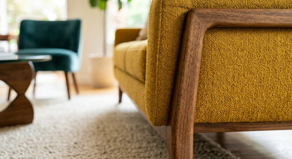 Close-up of modern living room furniture showing mustard yellow bouclé fabric and solid walnut frame.