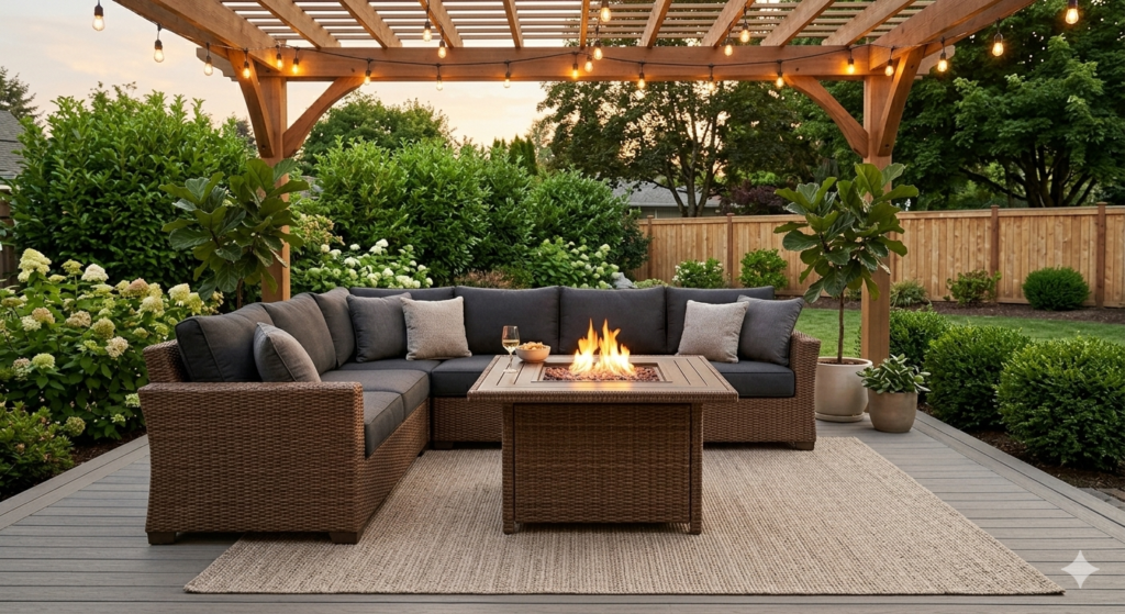 Luxurious Big Lots patio furniture set by Broyhill featuring a sectional sofa and fire pit table in a backyard setting.