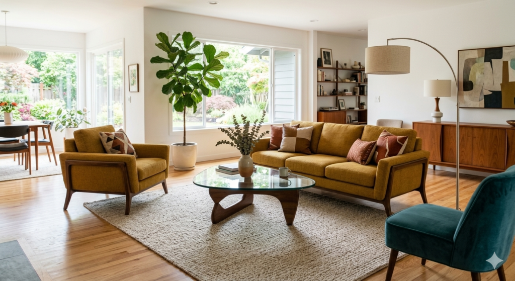 Modern living room furniture set in a sunlit, open-plan home featuring a mustard yellow sofa and walnut coffee table.
