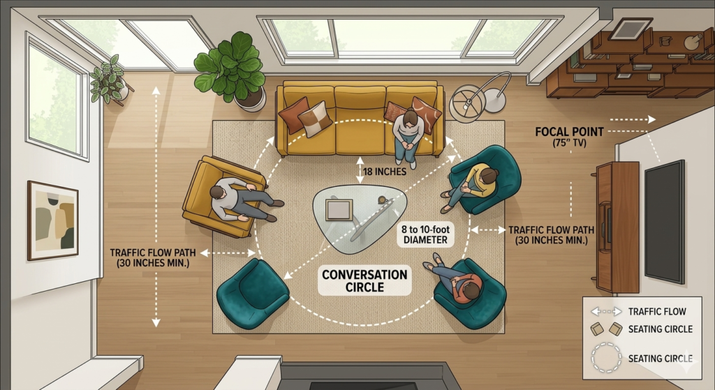 Birds-eye view diagram showing how to arrange living room furniture for optimal traffic flow and conversation