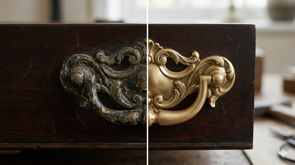 Close-up of an ornate antique brass handle, showing the contrast between 50 years of grime and a polished gold glow.