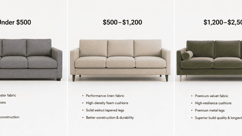 Three apartment sofas at different price points shown side by side: under $500 basic polyester, $500–$1,200 performance fabric solid wood frame, and $1,200–$2,500 premium upholstery sinuous spring suspension, showing visible quality difference