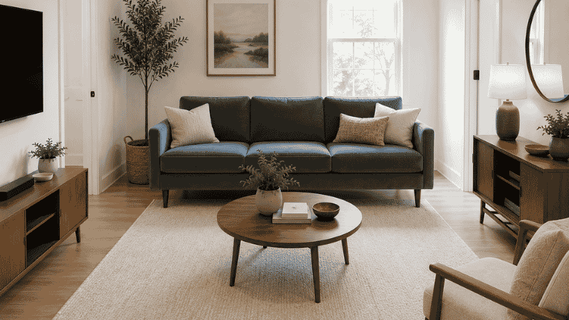 A correctly sized apartment sofa — 78 inches long, 32 inches deep, mid-century style with tapered legs — in a small living room showing proportional fit with clear walkways on both sides