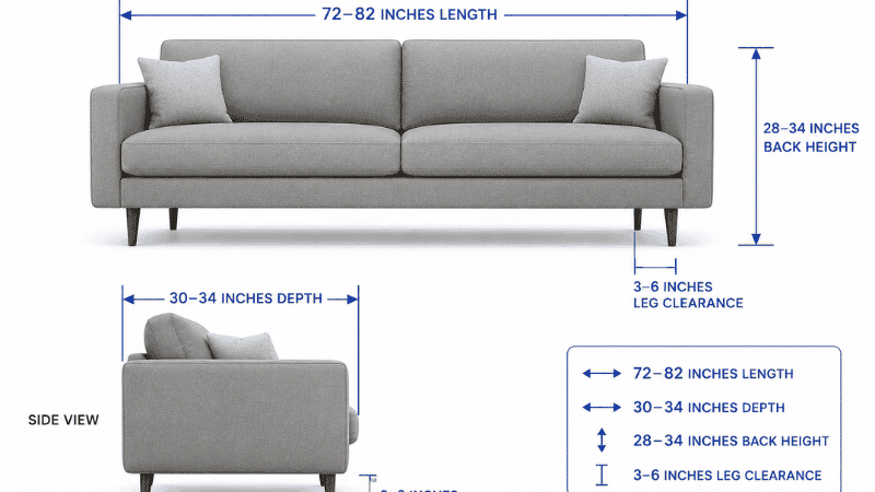Technical diagram of an apartment sofa showing the four key measurements: 72–82 inches length, 30–34 inches depth, 28–34 inches back height, and 3–6 inches leg clearance with annotation arrows