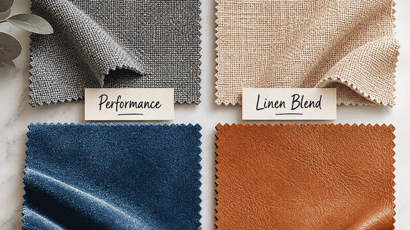 Four fabric swatches for apartment sofas arranged in a flat lay: performance fabric, linen blend, velvet, and faux leather, showing texture and color differences for daily-use sofa upholstery decision
