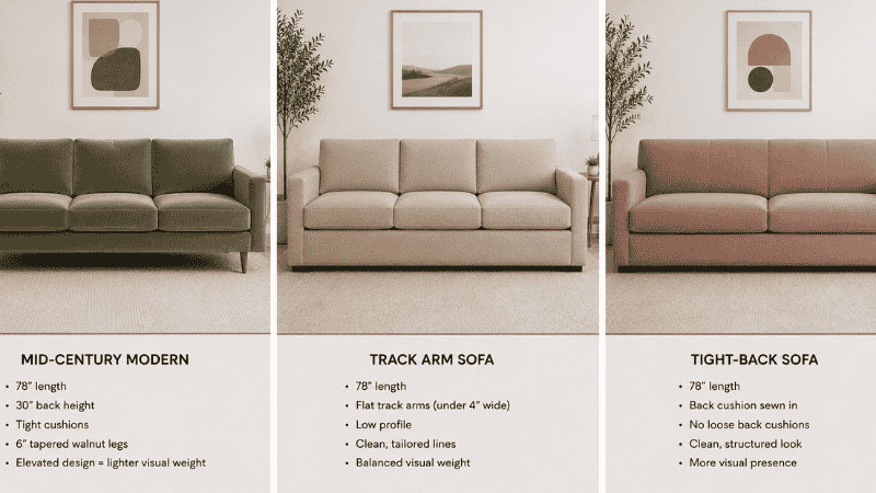 Three apartment sofa styles shown side by side: left is a mid-century modern sofa with tapered legs and low back, center is a track arm sofa with flat perpendicular arms, right is a tight-back sofa with attached cushions showing the visual difference in profile