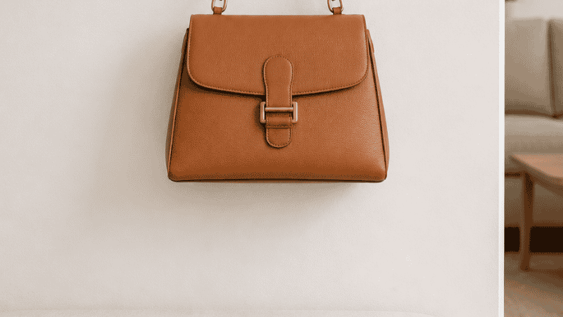 A close-up of a Command strip hook mounted on a white wall beside an entryway bench, holding a structured handbag weighing approximately 3 lbs, showing the renter-friendly no-drill hook installation for small apartment entryways
