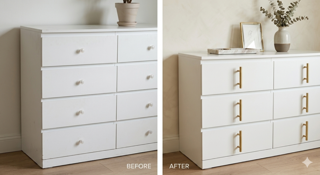 Before and after comparison of a basic white dresser upgraded with high-end brushed gold T-bar handles.