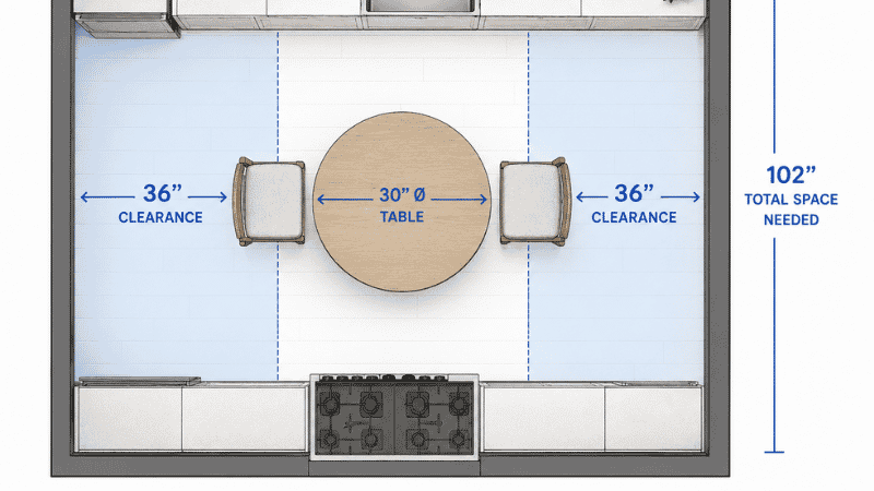 Top-down floor plan showing a 30-inch round dining table with 36-inch clearance zones on all sides, measurement annotations showing the total 102-inch space requirement, and two chairs positioned at the table