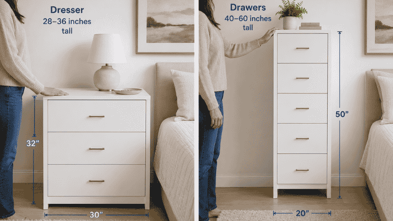 Side-by-side comparison of a dresser at 32 inches tall with a lamp and tray on its usable waist-height surface versus a chest of drawers at 50 inches tall with more drawers but a top surface too high for daily use
