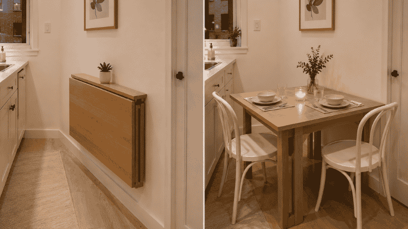 A drop leaf table shown in two positions: left as a slim 12-inch console against the kitchen wall with both leaves folded down, right with both leaves raised becoming a full 36x36-inch dining table for two