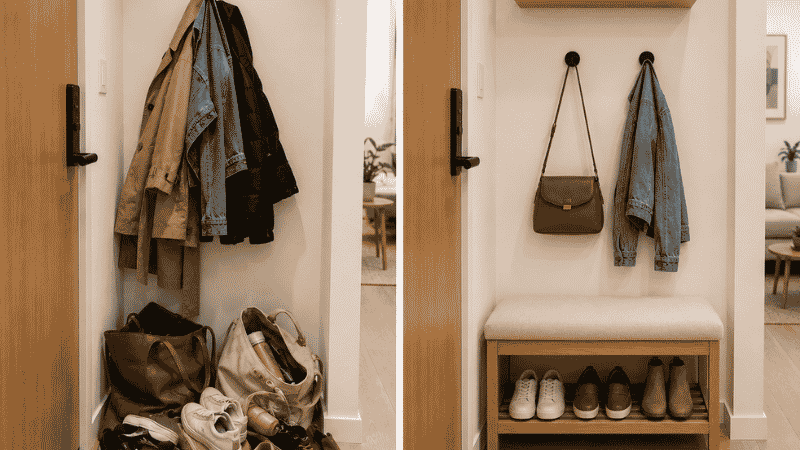 Before and after of the same apartment entryway: left shows shoes piled on the floor, bags dropped everywhere, coats on one overloaded hook — right shows the same space with a storage bench, organized shoes underneath, one bag per hook, a small shelf for keys
