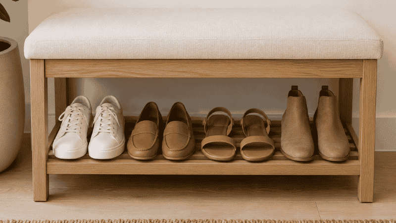 A 36-inch entryway bench with open bottom shelf holding exactly four pairs of shoes arranged flat — sneakers, loafers, sandals, and boots — demonstrating the real capacity of a standard-size open-shelf entryway bench
