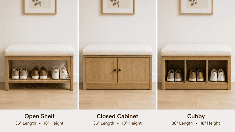 Three entryway storage bench configurations shown side by side: left with open bottom shelf showing visible shoes, center with closed cabinet doors concealing shoes, right with cubby openings each holding one pair
