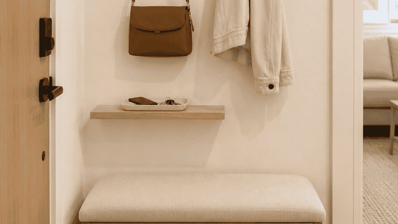A small apartment entryway with a 36-inch upholstered storage bench with open shoe shelf below holding three pairs of shoes, two coat hooks above at 62 inches height, and a small floating shelf for keys — a complete organized entry system
