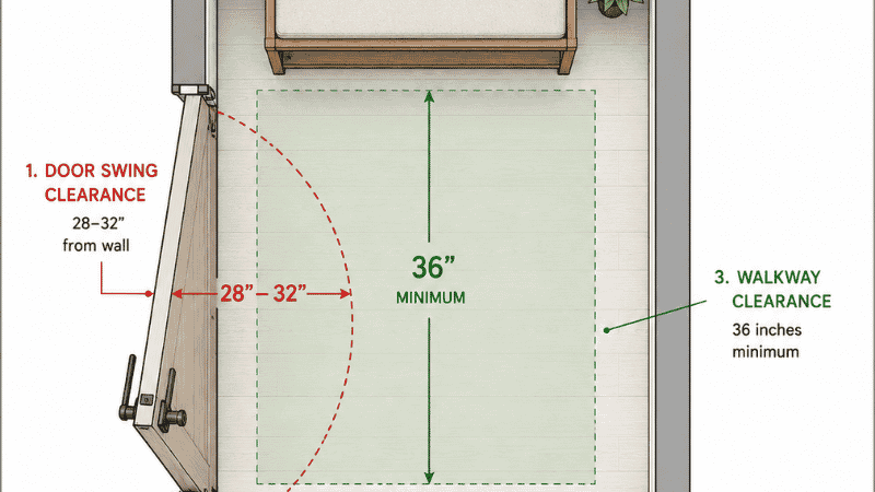 Top-down floor plan of a small apartment entry showing three measurement zones: door swing radius, entry wall width, and 36-inch walkway clearance — with arrows and labels showing how to size an entryway bench before purchasing

