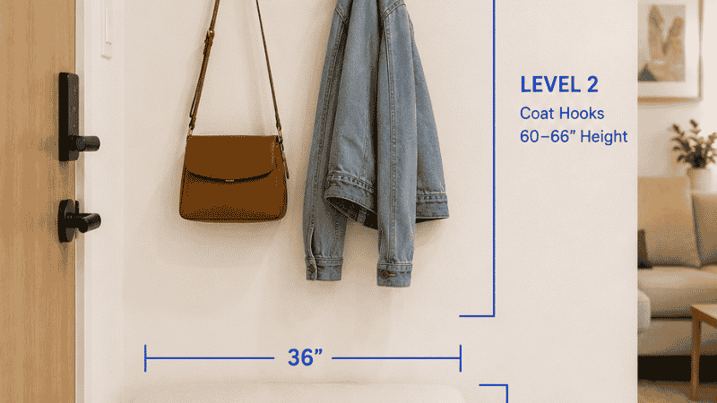 An annotated entryway wall showing three storage levels: Level 1 bench with shoe storage at floor height, Level 2 coat hooks at 62 inches, Level 3 floating key shelf at 72 inches — with measurement annotations showing the complete entry system
