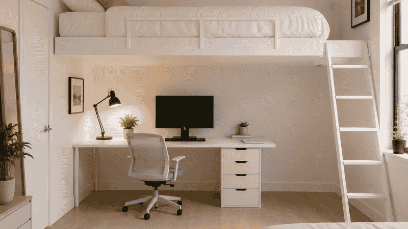A small bedroom with a wall-mounted floating loft bed with no floor legs, the platform appearing to cantilever from the wall, full clear floor space below showing a desk setup with no leg obstructions anywhere
