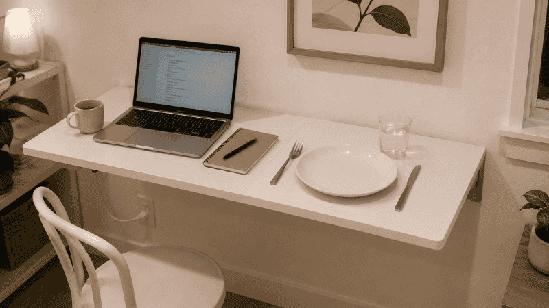 A wall-mounted fold-down table at desk height serving two functions: left half shows it as a home office with a laptop and notebook, right half shows it reset as a dining table with two place settings — same surface different use