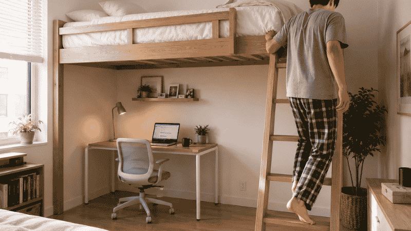 An adult descending an angled loft bed ladder in the morning, the motion natural and controlled, with a home office desk setup visible below and morning light in the room — showing the realistic daily use experience
