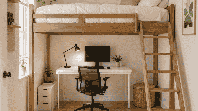 A small apartment bedroom with a full loft bed at 68 inches platform height, a complete home office desk setup below with monitor and laptop, angled ladder on the side, showing both sleeping and working zones from one floor footprint