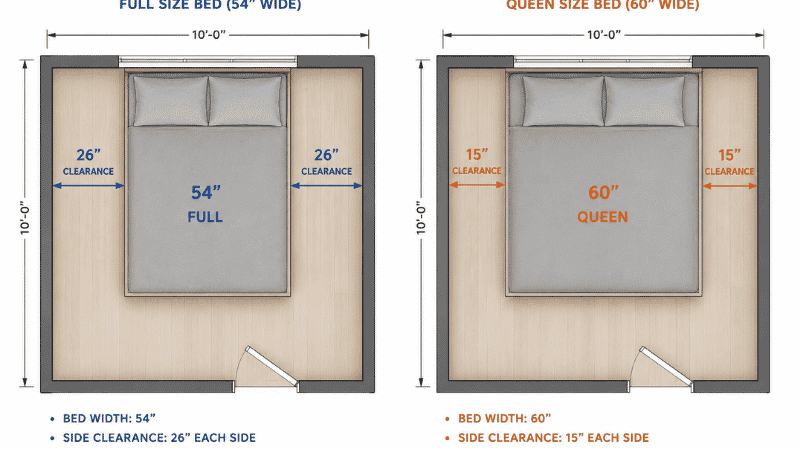 Top-down floor plan view comparing a full size storage bed leaving 26 inches of clearance on each side versus a queen storage bed leaving only 15 inches on each side in the same 10x10 foot bedroom
