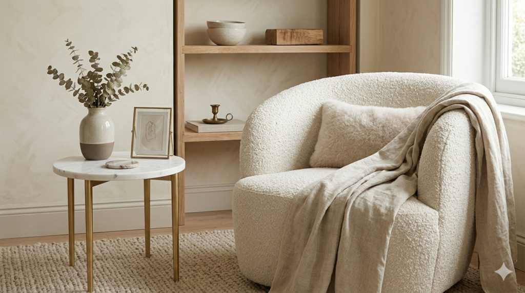 A modern luxury living room corner featuring a cream bouclé chair, marble side table, and raw oak shelves demonstrating designer texture layering.