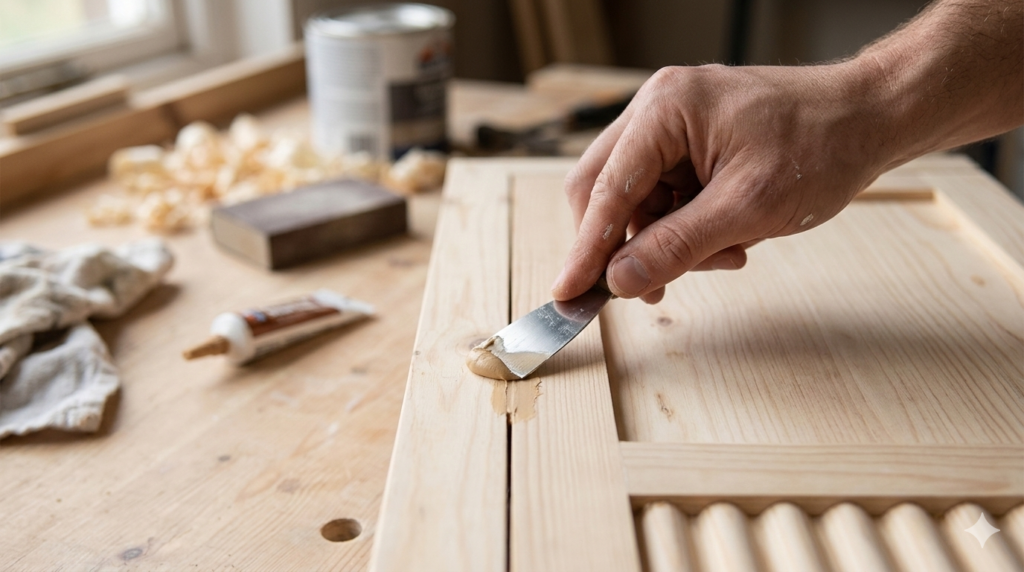 Close-up of a hand applying wood filler to a furniture seam to create a seamless professional finish for a DIY project.