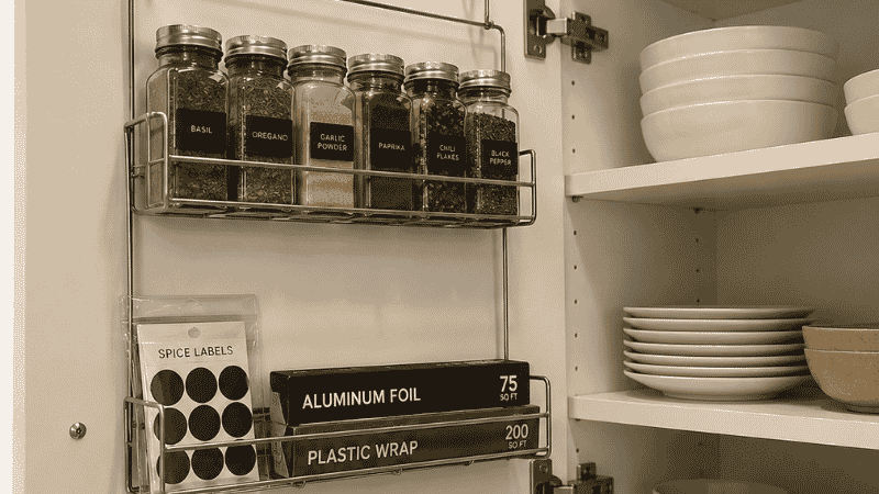 Inside a small apartment kitchen cabinet door with an over-door organizer holding spices, foil, and small packets, the cabinet shelf behind it visible and not consumed by the door storage
