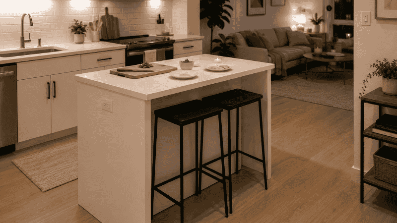 An open-plan small apartment kitchen with a 24x48-inch kitchen island at bar height with two counter stools tucked underneath, functioning as both a meal prep surface and a dining area without any separate dining table