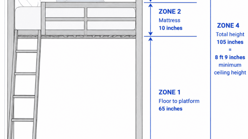 Technical side-profile diagram of a loft bed showing four stacked measurement zones: floor to platform 65 inches, mattress thickness 10 inches, sitting clearance 30 inches, total ceiling height needed 105 inches — with annotation arrows for each dimension
