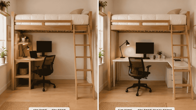 Split view showing a loft bed with an integrated built-in desk on the left — fixed 40-inch surface attached to the frame — versus the same loft bed with a freestanding 54-inch desk placed independently below on the right

