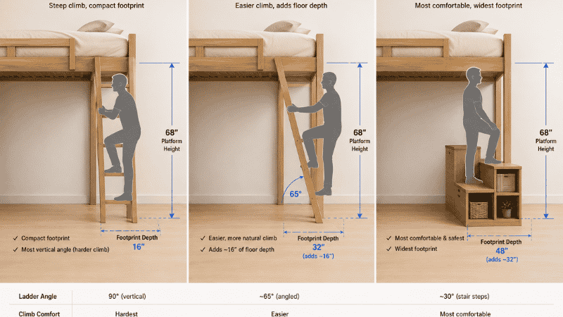 Three loft bed ladder configurations compared side by side: left shows a vertical straight ladder requiring step-by-step climbing, center shows an angled 65-degree ladder for easier daily use, right shows a 3-step staircase configuration — the most comfortable but largest footprint
