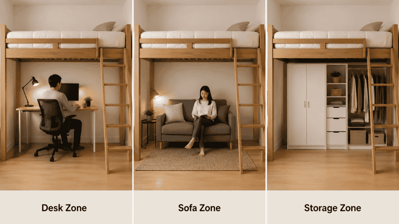 Three loft bed configurations shown side by side: left with desk and monitor setup below, center with compact loveseat below creating a living zone, right with wardrobe and shelving below for maximum storage
