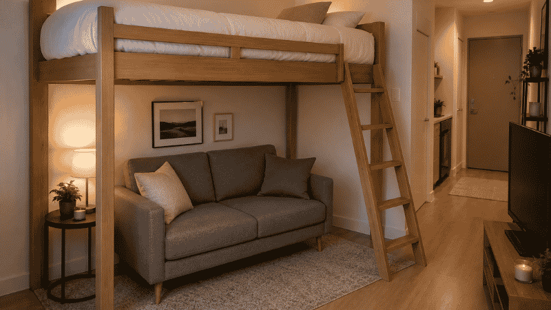 A studio apartment with a full loft bed positioned against the wall, a compact 58-inch loveseat placed below the platform facing the room, creating a distinct living zone beneath the sleeping zone — the loft platform acting as a canopy over the sofa

