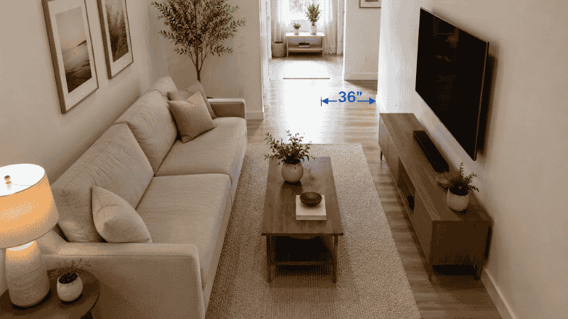 A long narrow living room 9 feet wide with the TV mounted on the long side wall and an 80-inch sofa placed perpendicular to the room's length facing it, eliminating the bowling alley effect and creating a proper seating zone
