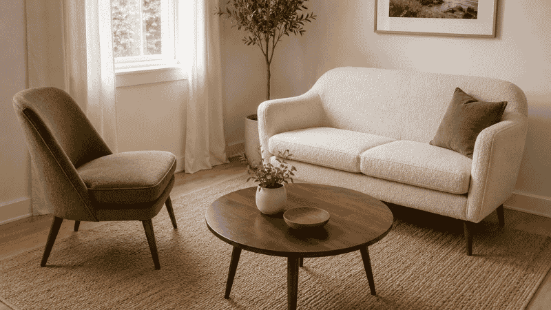 A small square living room with a 60-inch cream loveseat and a single sage accent chair angled 15 degrees toward each other around a round coffee table, showing the loveseat pairing formula as a social seating alternative to a full sofa

