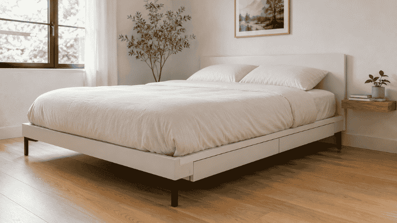 A small bedroom with a low-profile platform bed on slim visible metal legs showing 5 inches of floor beneath the frame, storage drawers recessed slightly above floor level, the visible floor space making the room feel larger
