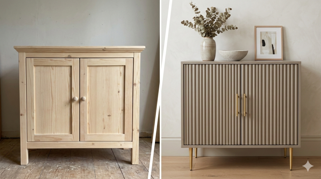 Before and after comparison of a plain pine cabinet transformed into a luxury matte taupe fluted sideboard with brass legs.