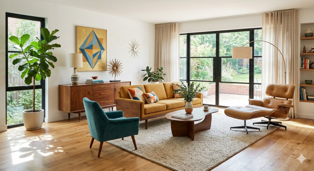 Mid-century modern furniture set in a bright living room featuring a walnut sideboard and a classic lounge chair.
