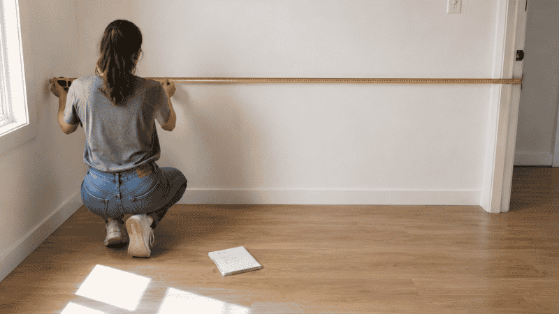 A person measuring the clear wall length in a small empty living room with a yellow tape measure before shopping for a sofa, a notepad with written measurements visible on the floor beside them
