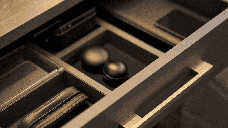Close-up of a modern side table drawer with a brass handle, showing a tidy interior with charging cables and a smartphone.